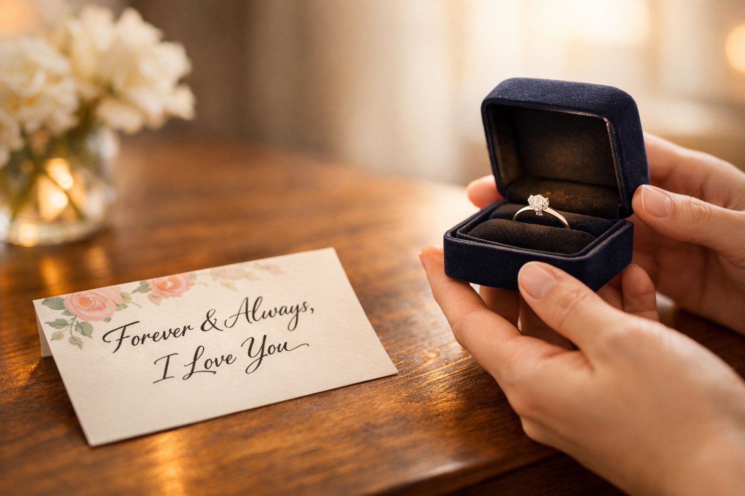 Close-up of hands holding an open jewelry box with a piece of jewelry inside, next to a message card on a wooden table.