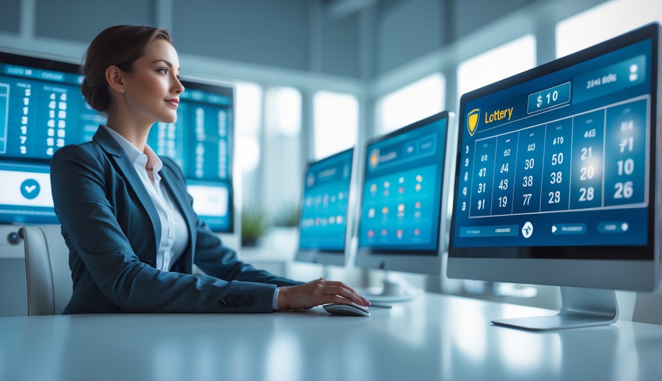 Seorang profesional duduk di depan meja dengan beberapa layar digital yang menampilkan angka togel dan grafik data, menunjukkan suasana kerja yang terpercaya dan modern.