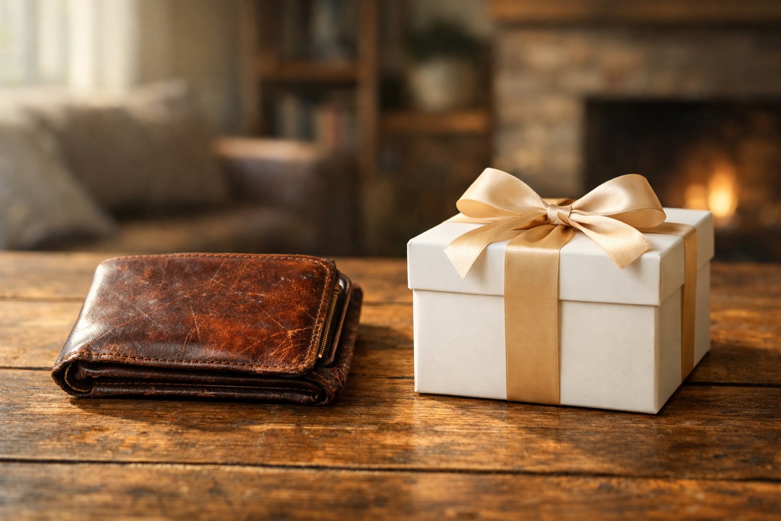 A wooden table with a worn leather wallet next to a neatly wrapped gift box, both illuminated by soft natural light in a cozy home setting.