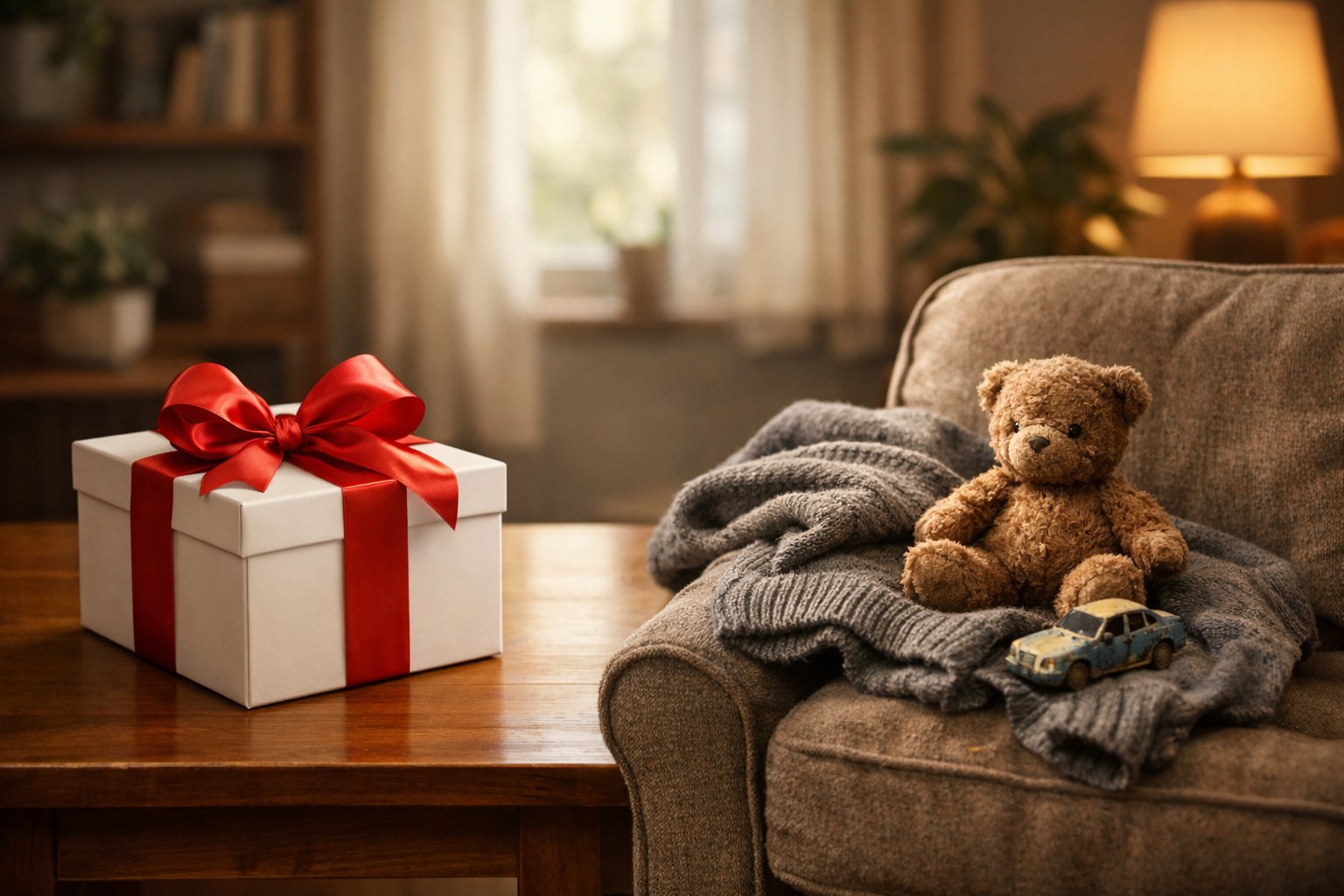 A living room scene showing a pristine wrapped gift on a table and a worn, unwrapped gift on an armchair.