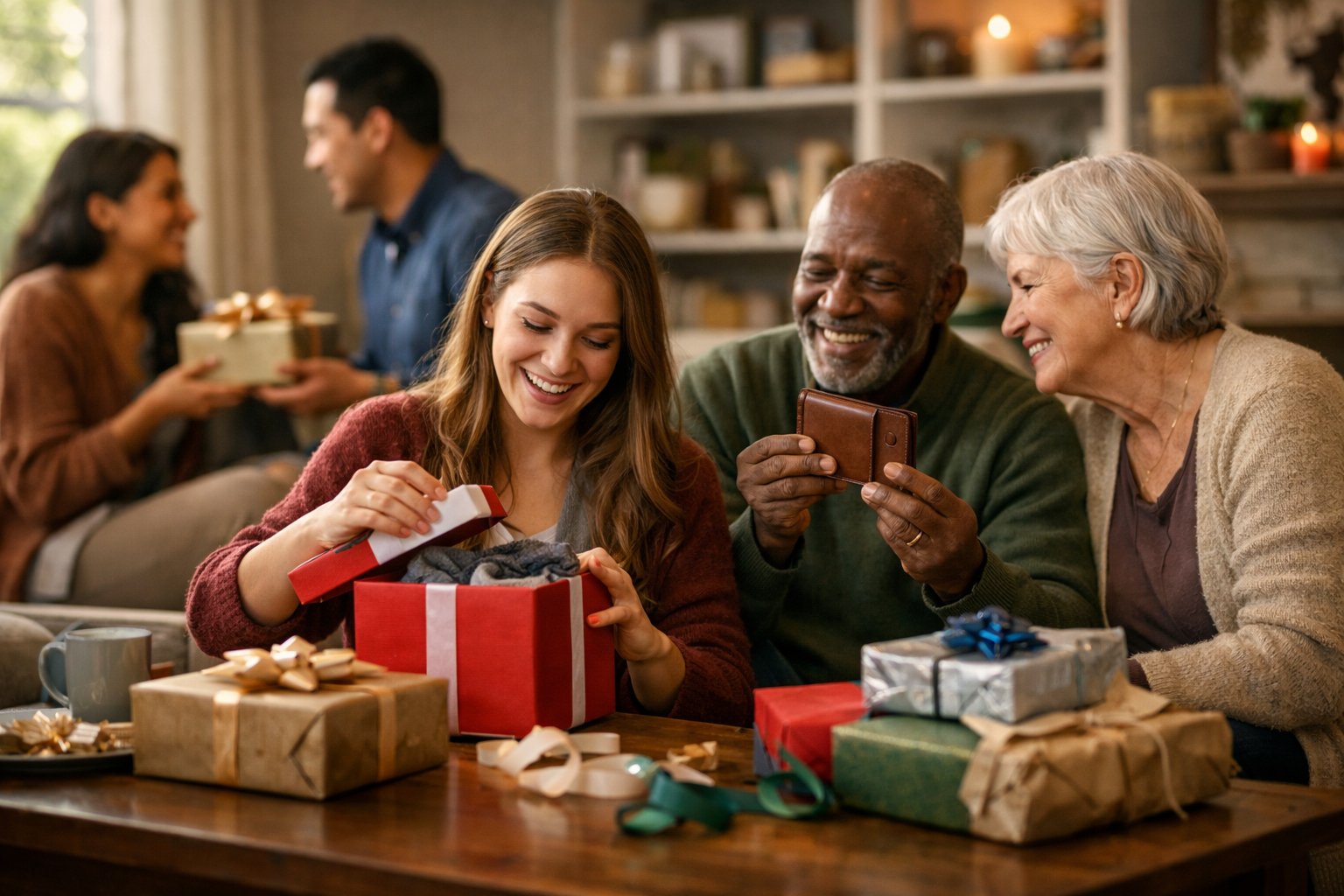A group of people exchanging gifts in a cozy living room, with some gifts being opened happily and others left aside on a table.