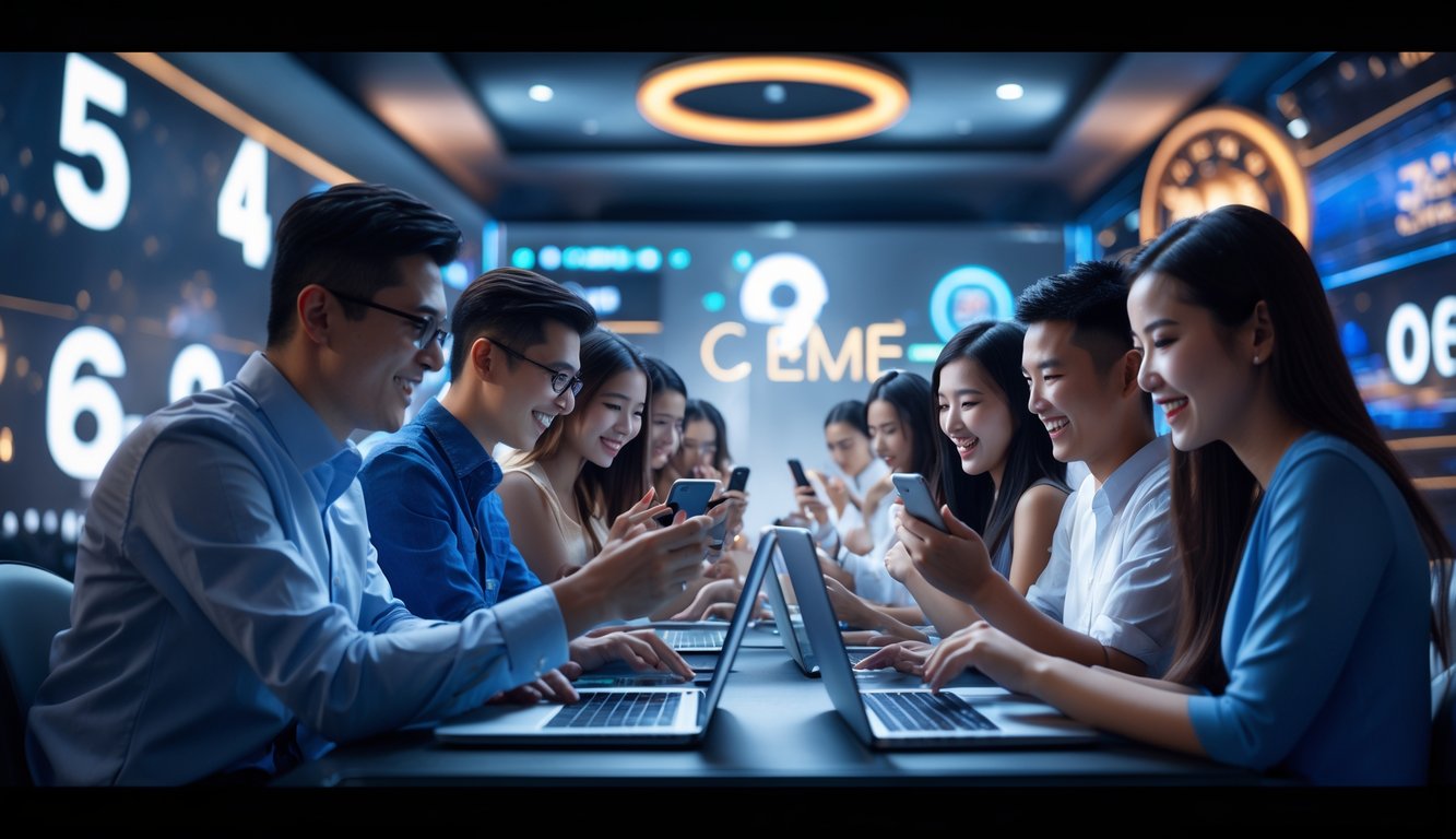 Sekelompok orang menggunakan perangkat digital dalam suasana permainan online dengan latar belakang grafis digital dan pencahayaan lembut.