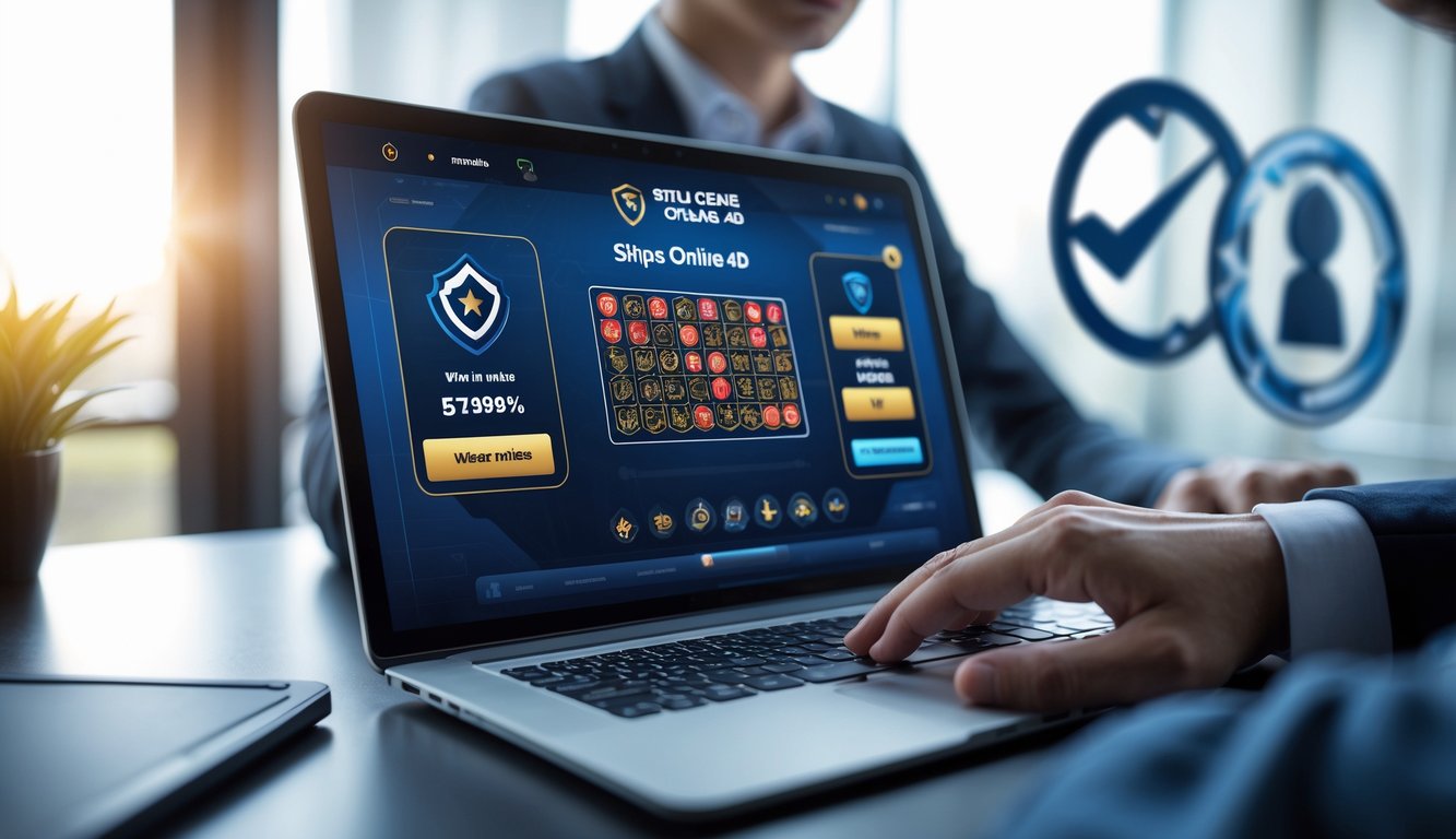 Seseorang menggunakan laptop di meja kerja dengan tampilan permainan kartu digital dan simbol keamanan di latar belakang.