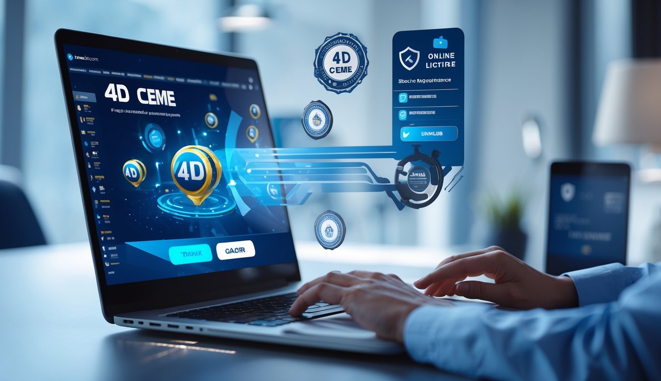 Seorang pengguna sedang bekerja dengan laptop di meja modern yang menampilkan antarmuka digital terkait permainan online 4D Ceme, dengan elemen keamanan dan suasana profesional di sekitar.
