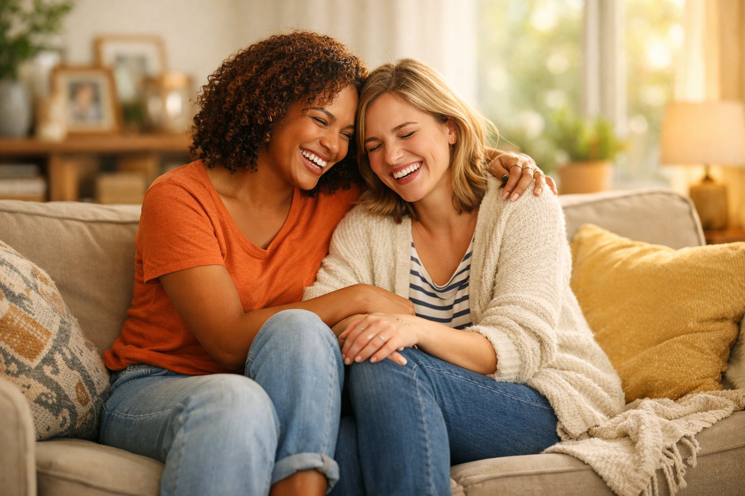 Two best friends sitting closely on a couch, smiling and enjoying each other's company in a bright living room.