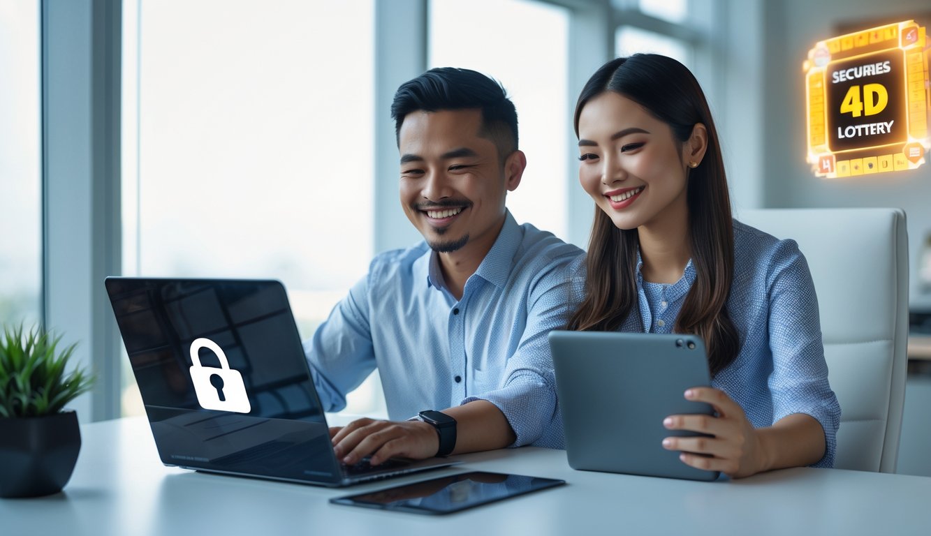 Seorang pria dan wanita Indonesia duduk bersama di ruang kerja modern sambil bermain permainan online dengan laptop dan tablet.