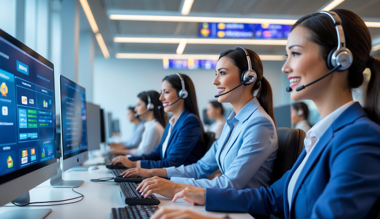 Sejumlah staf layanan pelanggan sedang bekerja di kantor modern dengan komputer dan headset, memberikan dukungan 24 jam.