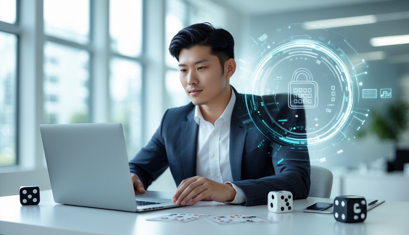 Seorang pria muda duduk di meja kantor menggunakan laptop dengan suasana yang tenang dan aman.