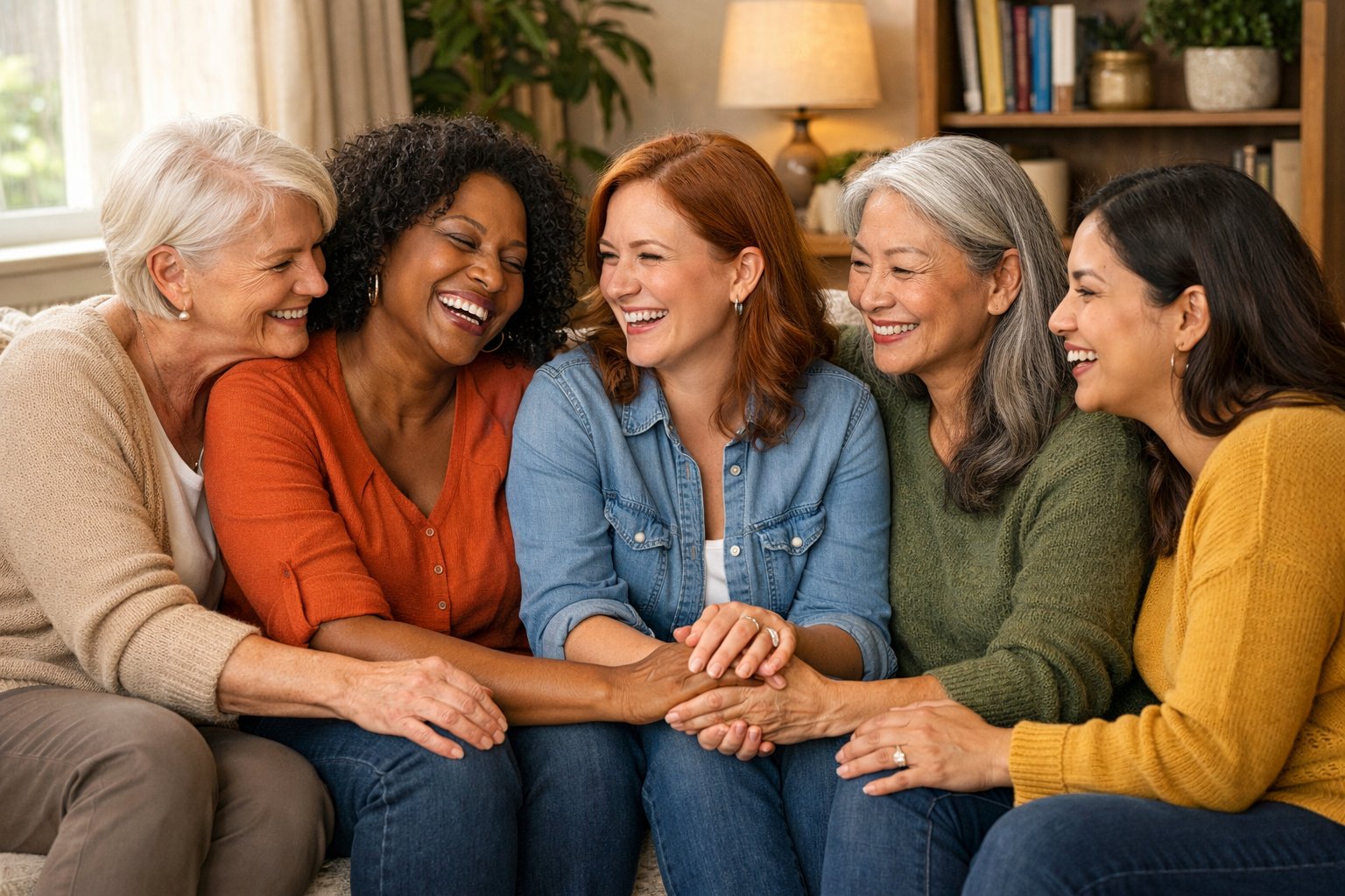 A group of diverse women sitting closely together in a living room, smiling and showing affection as they share a warm moment.