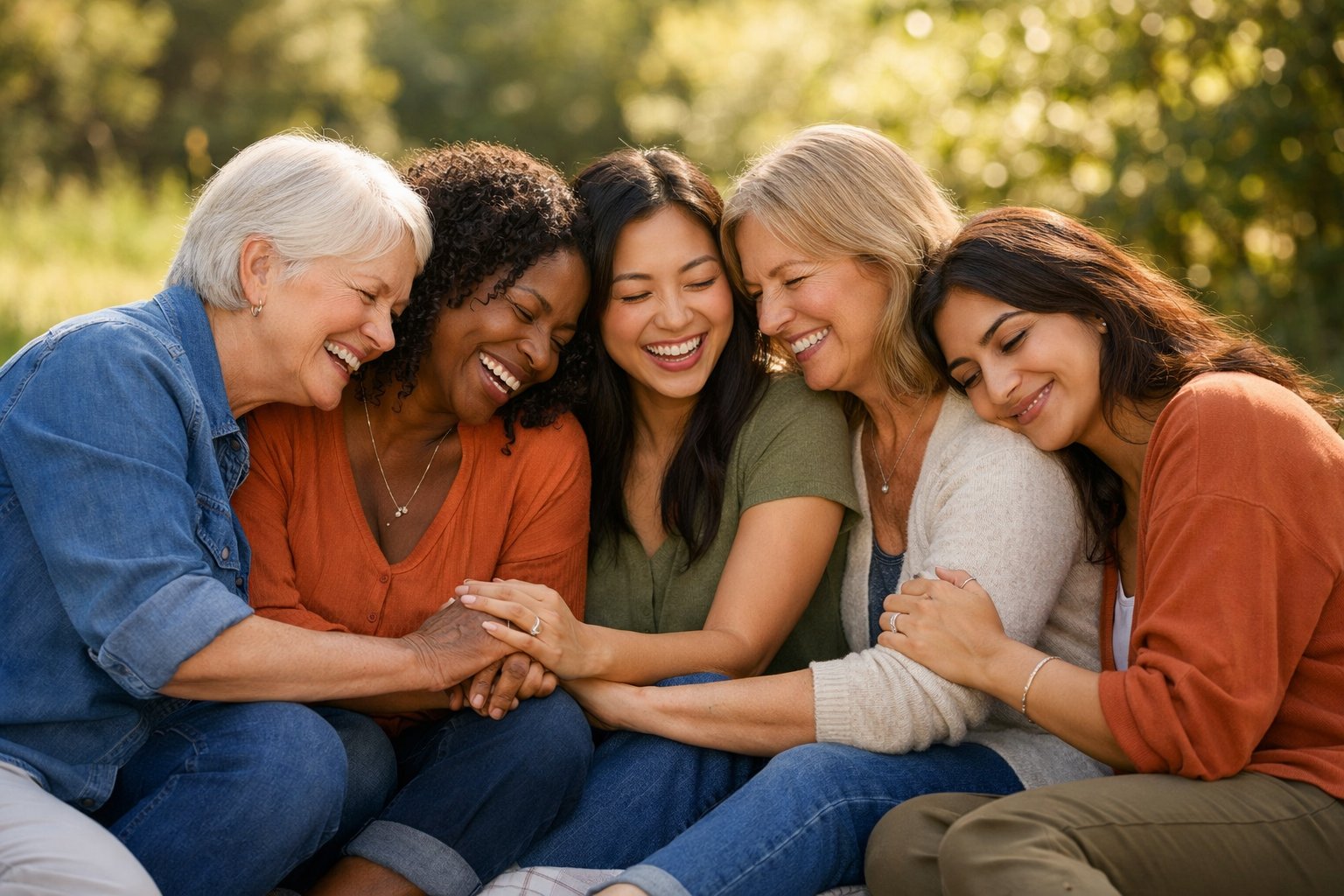 A group of diverse women sitting together outdoors, smiling and sharing a warm, close moment of friendship.