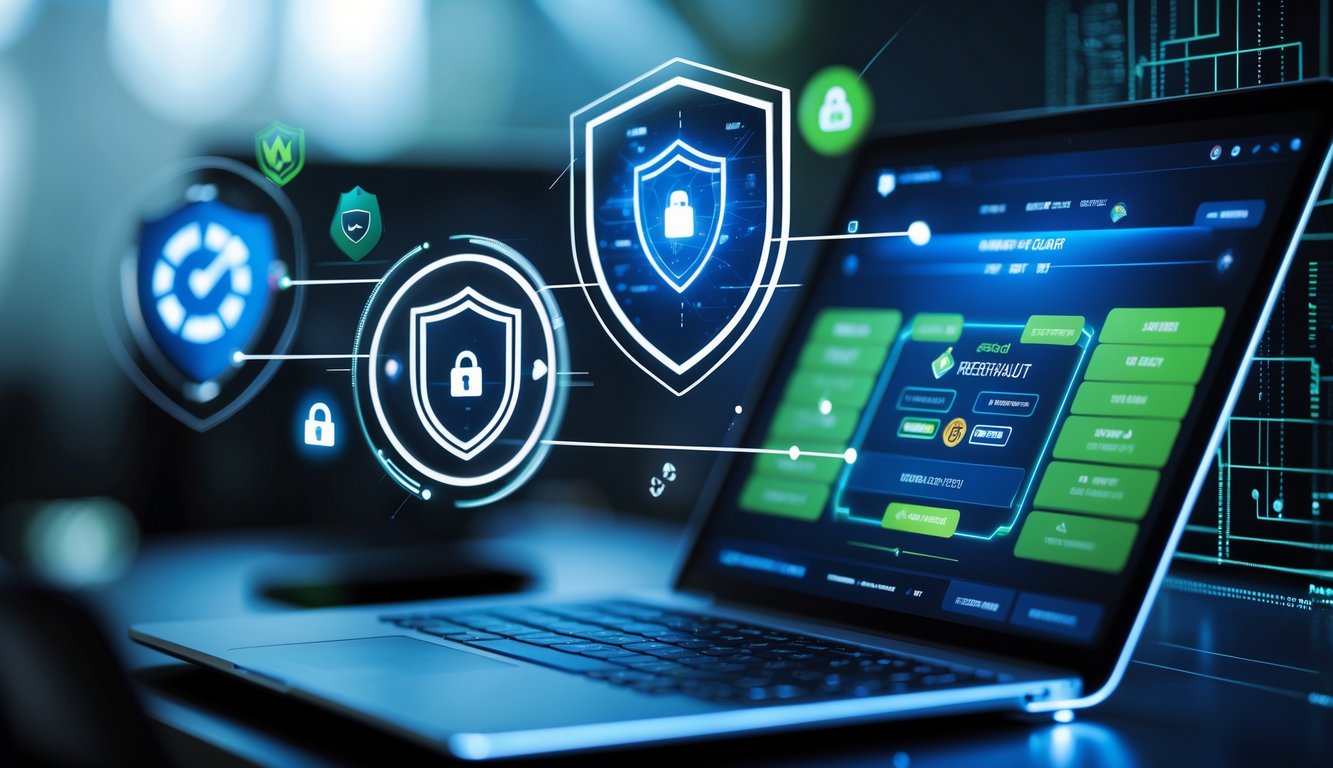 Seseorang menggunakan laptop dengan tampilan permainan poker online dan ikon keamanan di sekitar layar.