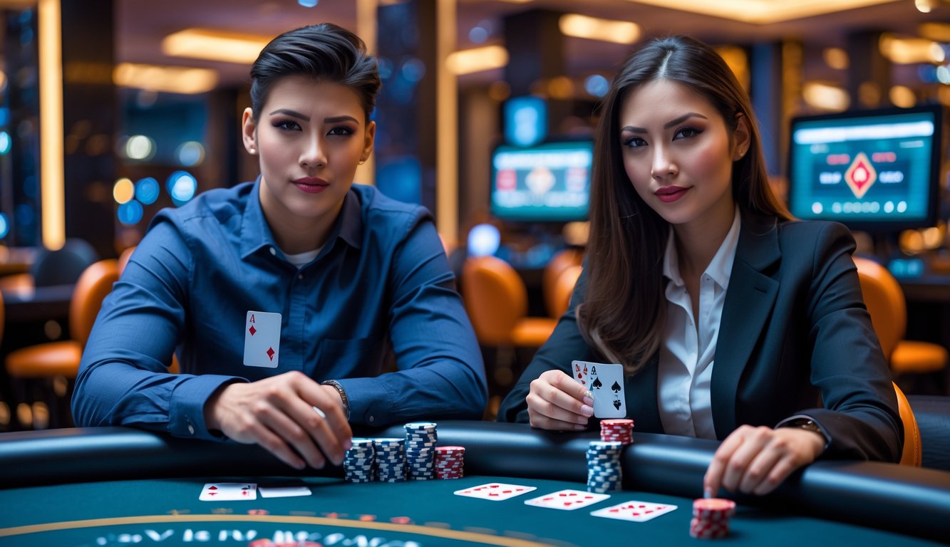 Dua orang dewasa bermain poker di meja kasino modern dengan kartu dan chip poker.