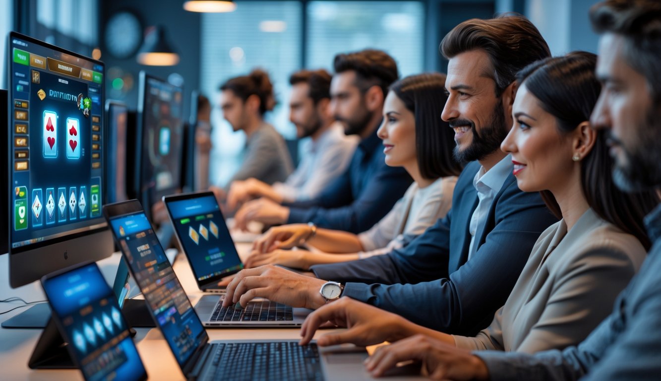 Beberapa orang bermain poker online di komputer dan tablet di ruang kerja modern yang terang dan rapi.