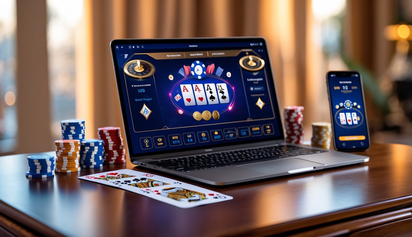 Sebuah meja kayu dengan laptop menampilkan permainan poker online, dikelilingi oleh chip poker dan kartu, dengan pencahayaan hangat.