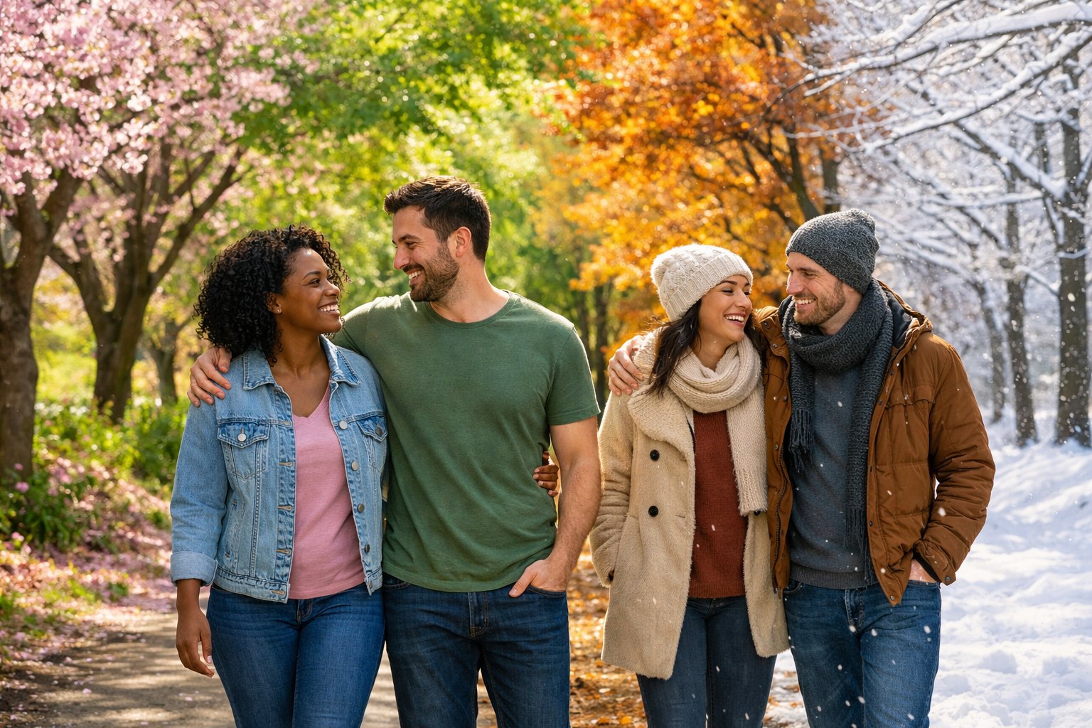 Two friends walking together along a path surrounded by trees showing all four seasons: spring, summer, autumn, and winter.