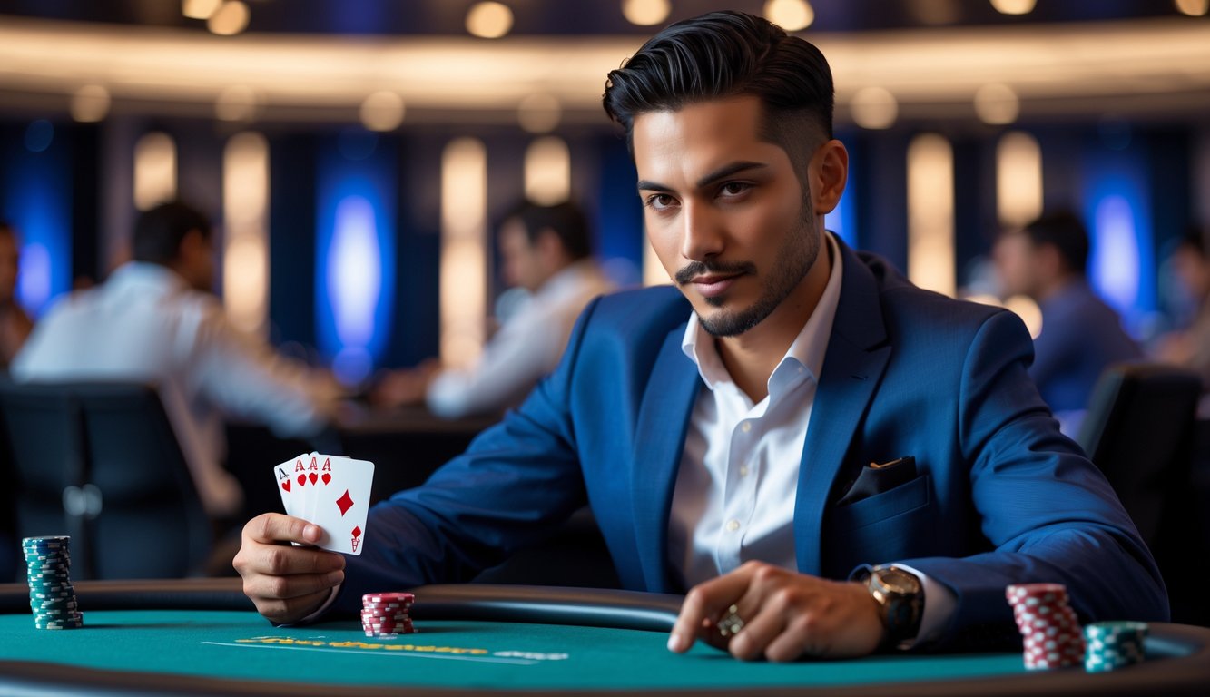 Seorang pria percaya diri duduk di meja poker dengan kartu dan tumpukan chip di kasino modern.