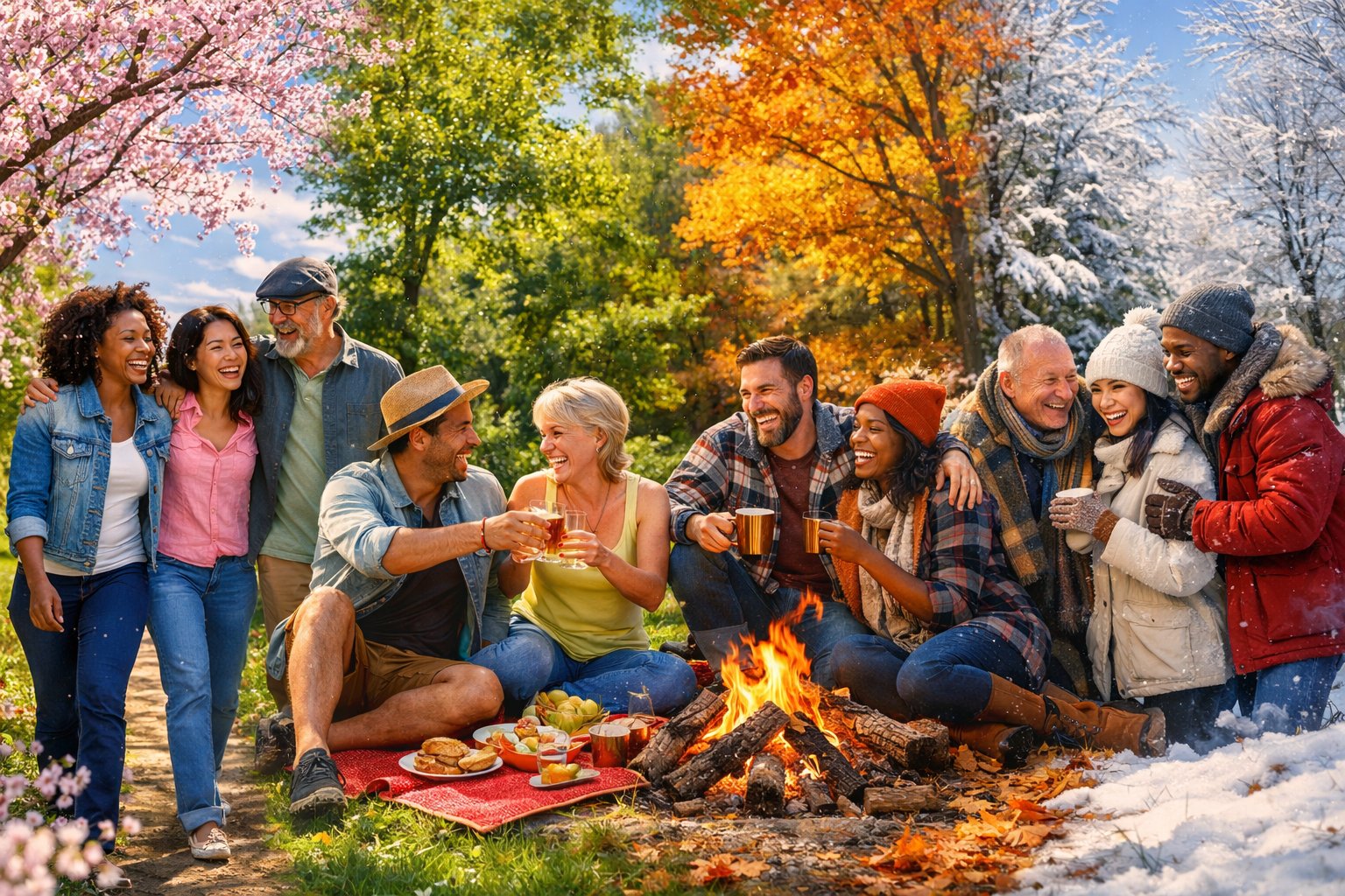 A group of diverse friends enjoying time together outdoors surrounded by elements representing spring, summer, autumn, and winter.
