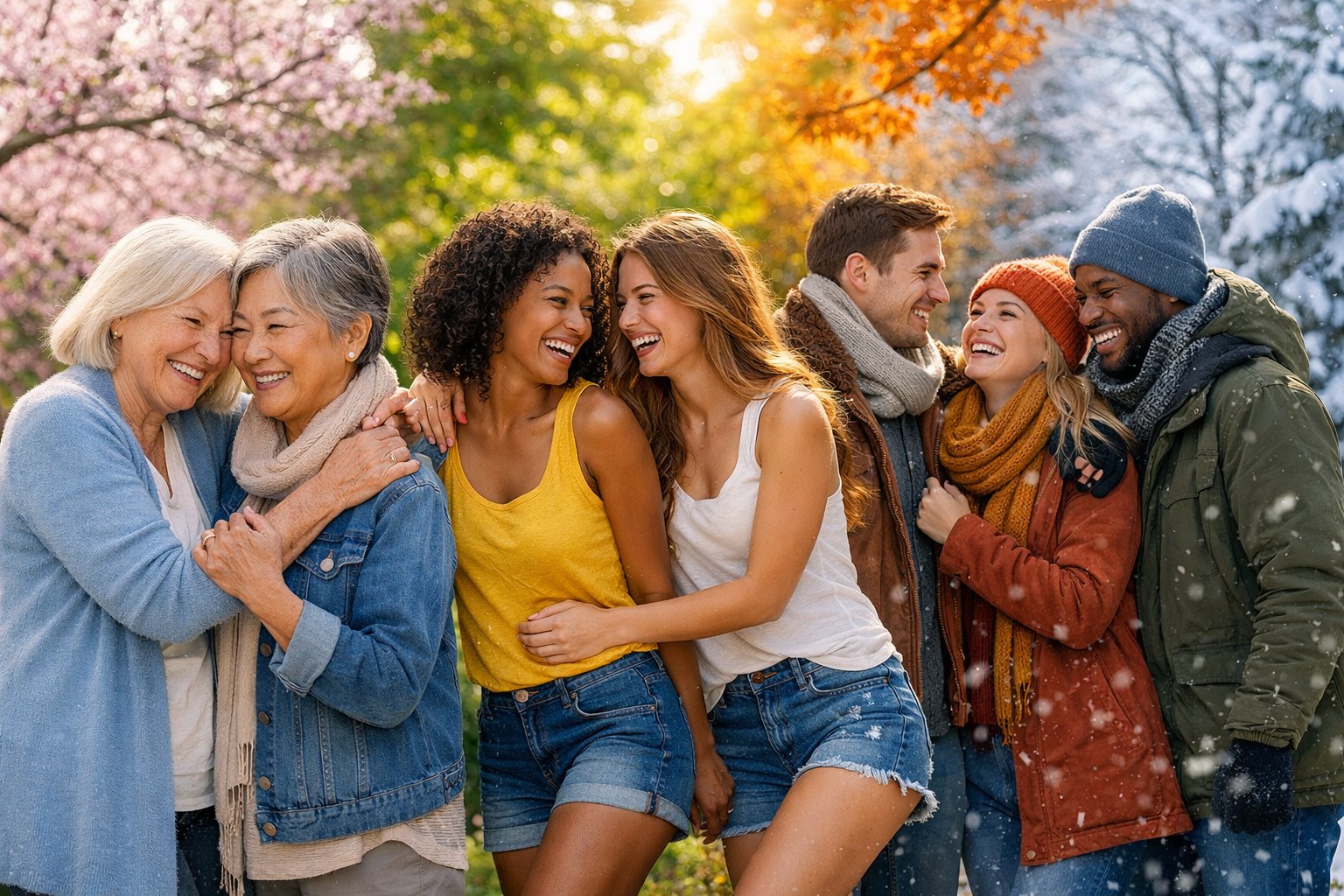 Three pairs of friends enjoying time together outdoors with a background showing the four seasons transitioning from spring to winter.