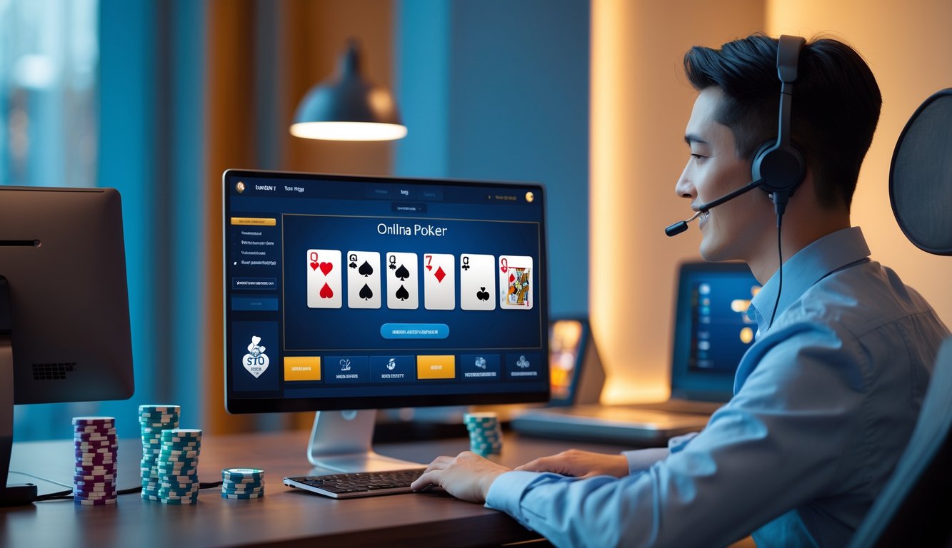 Seorang perwakilan layanan pelanggan dengan headset sedang membantu pemain poker online di depan komputer di ruang kerja yang rapi dan terang.