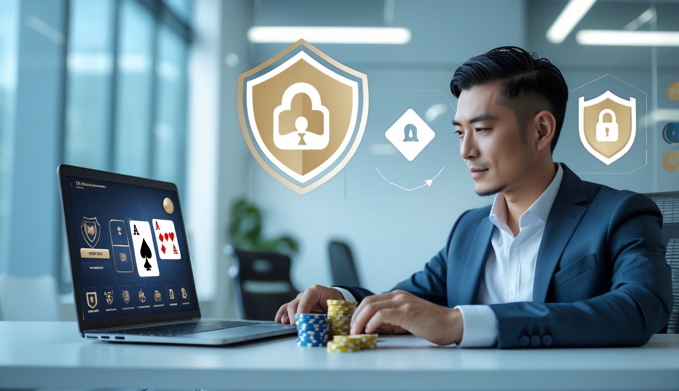 Seorang pria Asia Tenggara duduk di depan laptop yang menampilkan permainan poker online di sebuah kantor modern yang terang dan bersih.