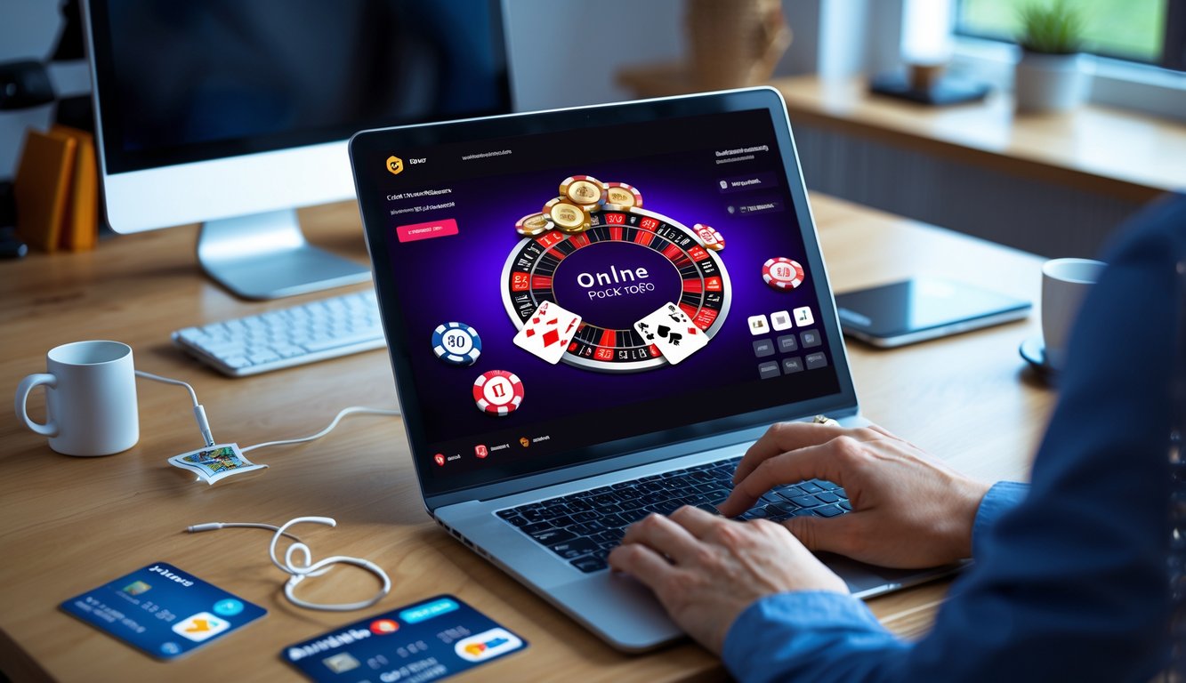 Seseorang menggunakan komputer dengan tampilan permainan poker online dan ikon pembayaran digital di sekitar meja kerja.