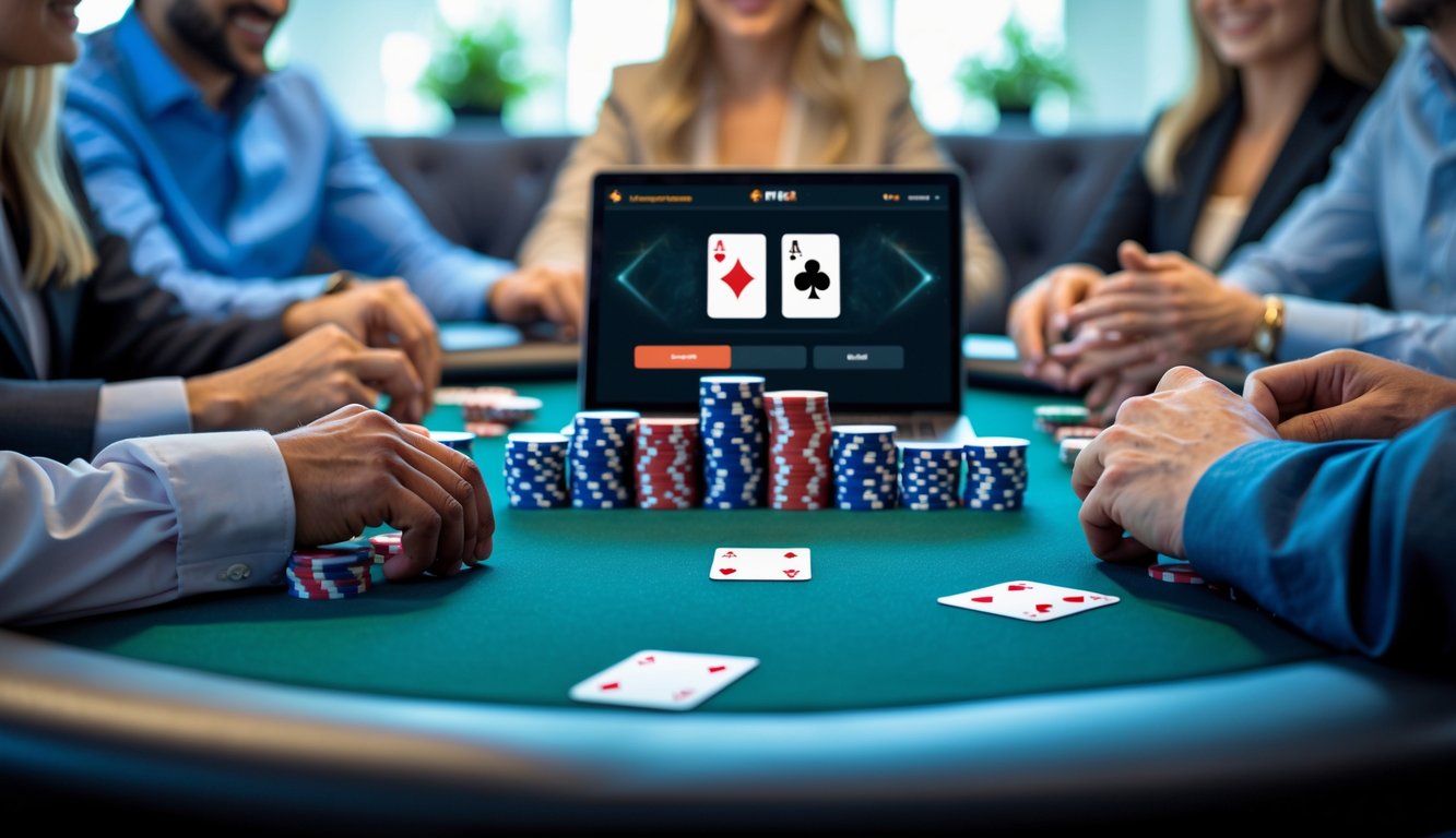 Meja poker dengan chip dan kartu, serta perangkat digital yang menampilkan permainan poker, dengan beberapa tangan pemain yang sedang bermain.