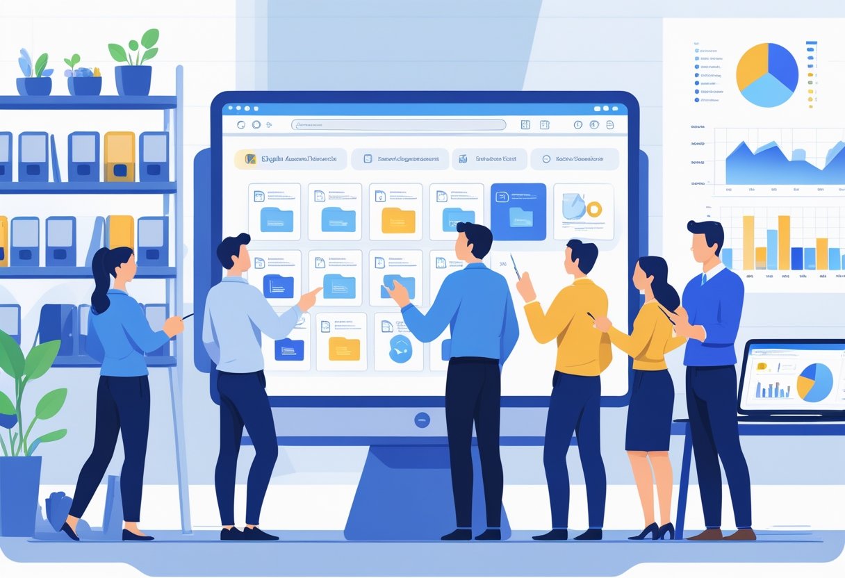 A group of businesspeople working together around a digital touchscreen displaying organised digital files and folders in a small office setting.