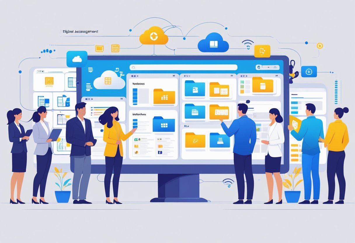 A group of small business professionals using a large digital touchscreen displaying organised folders and digital files in a modern office.