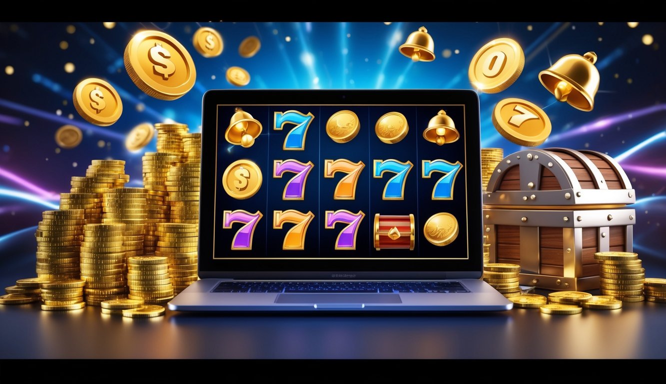 Layar komputer menampilkan mesin slot online dengan koin emas dan simbol jackpot, dikelilingi tumpukan koin dan peti harta karun.