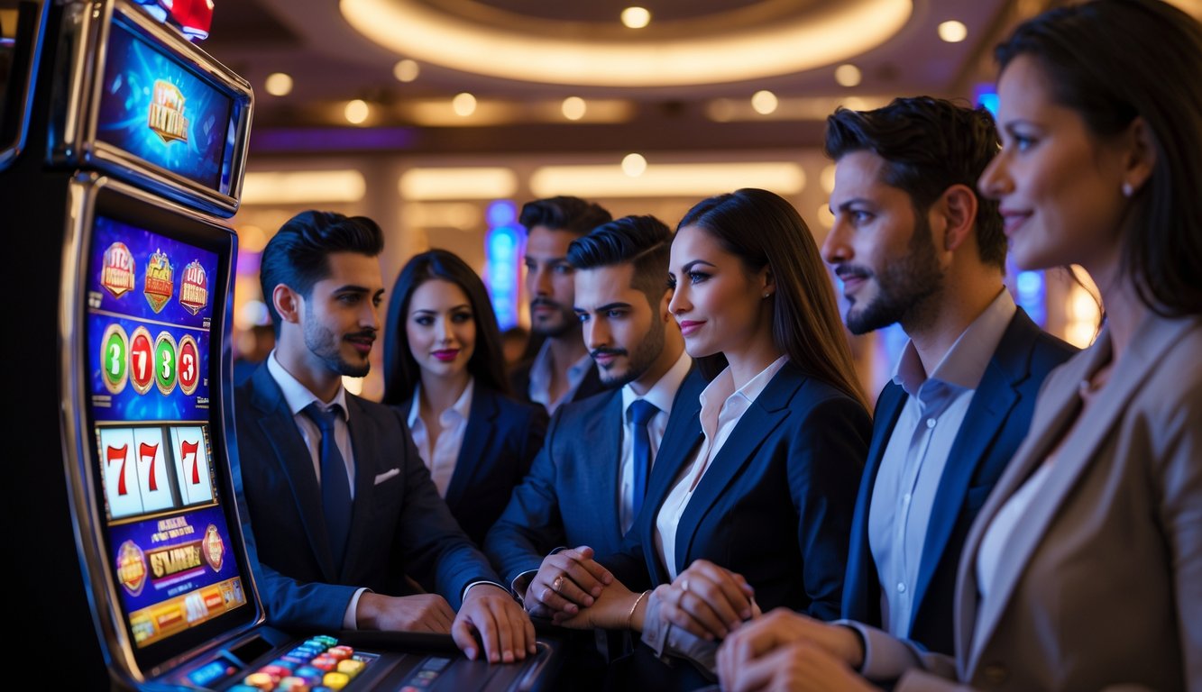 Sekelompok pemain profesional sedang bermain mesin slot di kasino yang mewah dan terang.