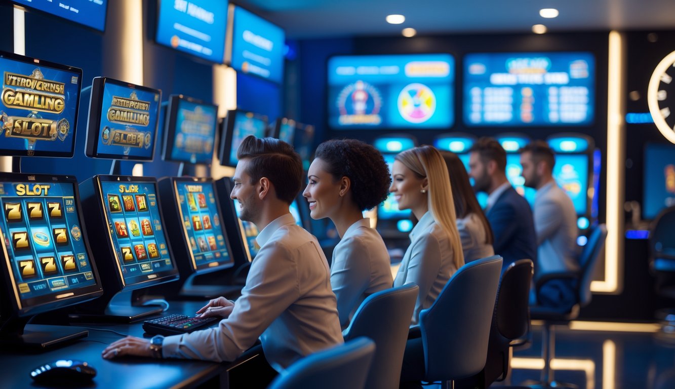 Orang-orang sedang bermain mesin slot online di komputer dan ponsel dalam ruangan yang terang dan modern.