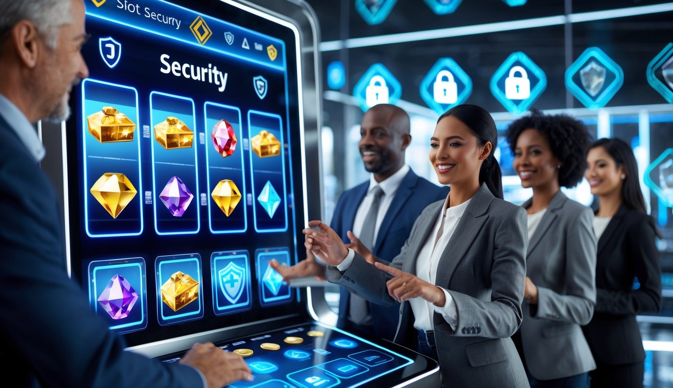 Orang-orang menggunakan antarmuka permainan slot online dengan simbol-simbol permainan dan ikon keamanan di latar belakang.