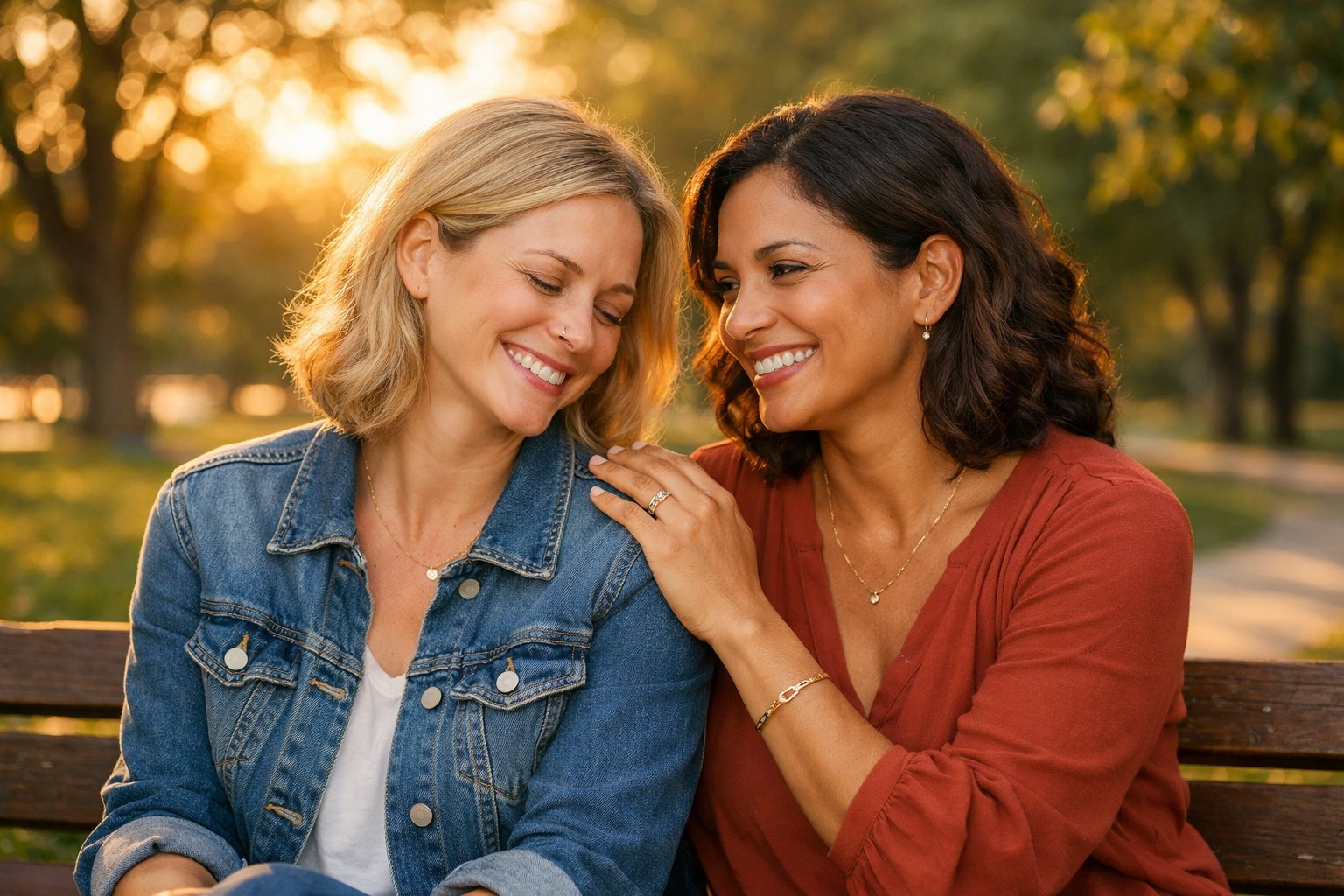 Two women sitting closely on a park bench, smiling warmly at each other with one gently touching the other's shoulder, surrounded by trees and soft sunlight.