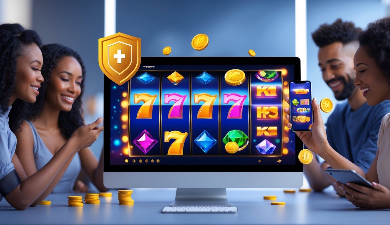 Orang-orang bermain permainan slot online dengan perangkat digital di lingkungan yang cerah dan ramah.