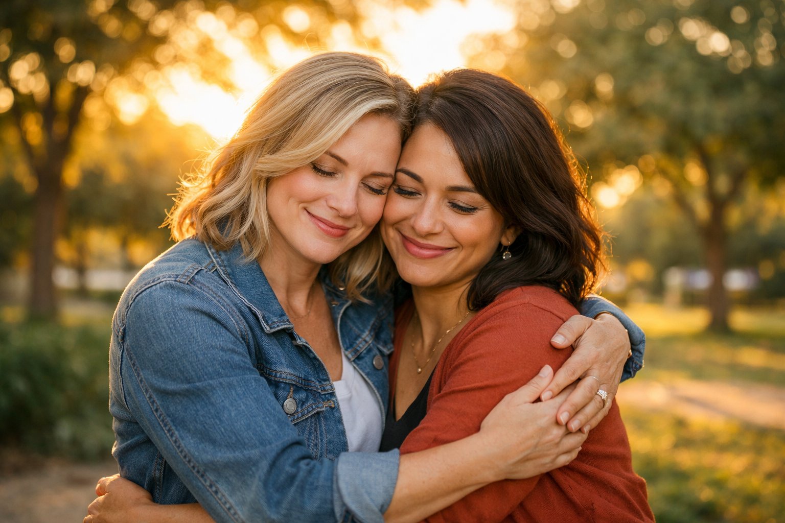 Two women embracing outdoors, smiling warmly, surrounded by greenery in soft sunlight.