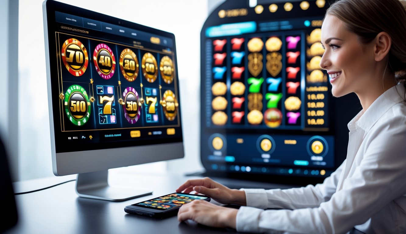 Seorang pria tersenyum menggunakan komputer dan ponsel dengan tampilan permainan slot online yang berwarna-warni.