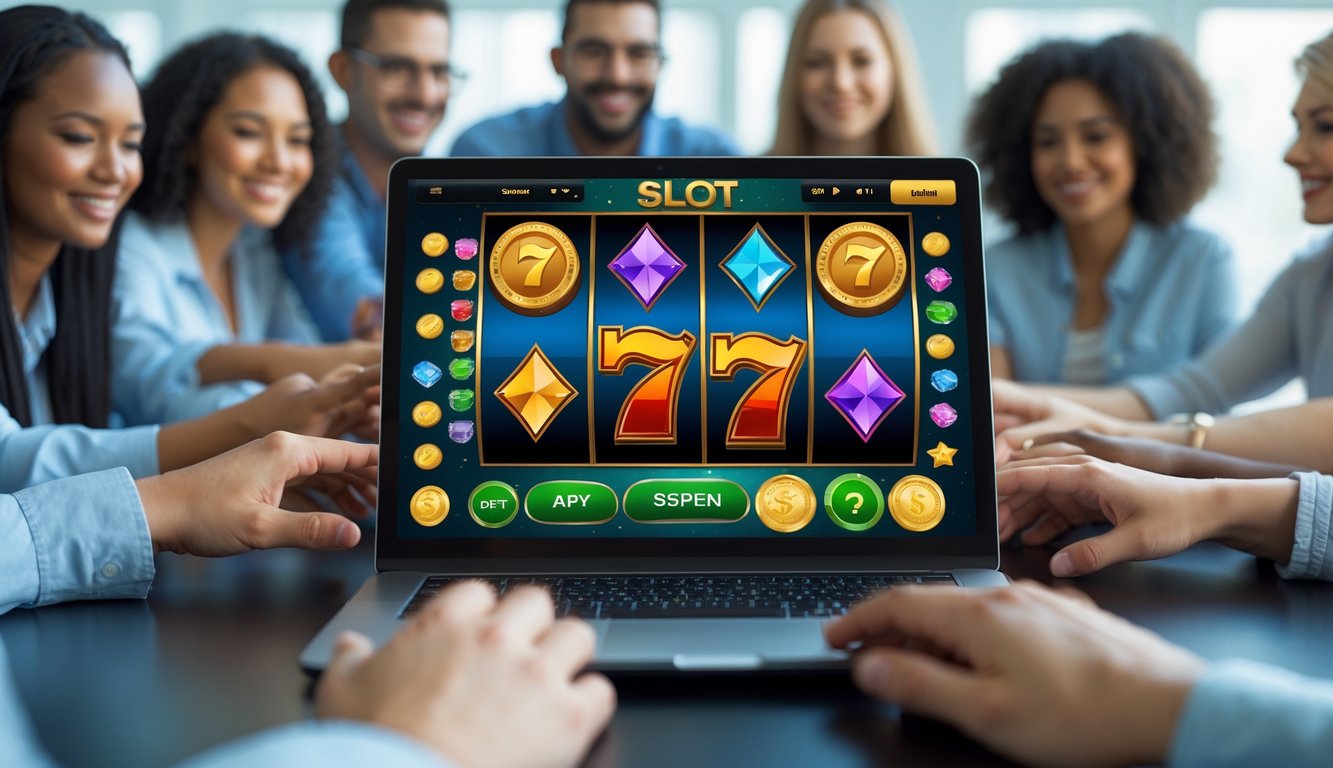 Orang-orang menggunakan komputer dengan layar permainan slot online yang berwarna-warni di lingkungan modern dan terang.
