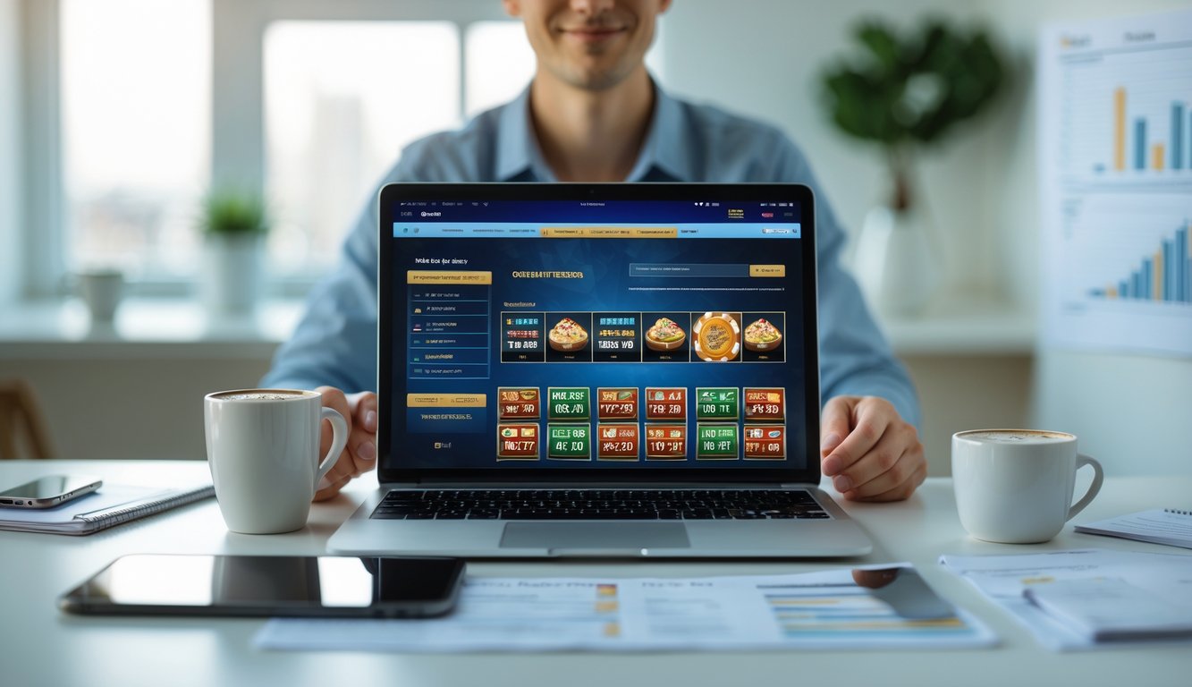 Seseorang duduk di meja dengan laptop, fokus memilih situs slot online terpercaya di ruangan yang terang dan rapi.