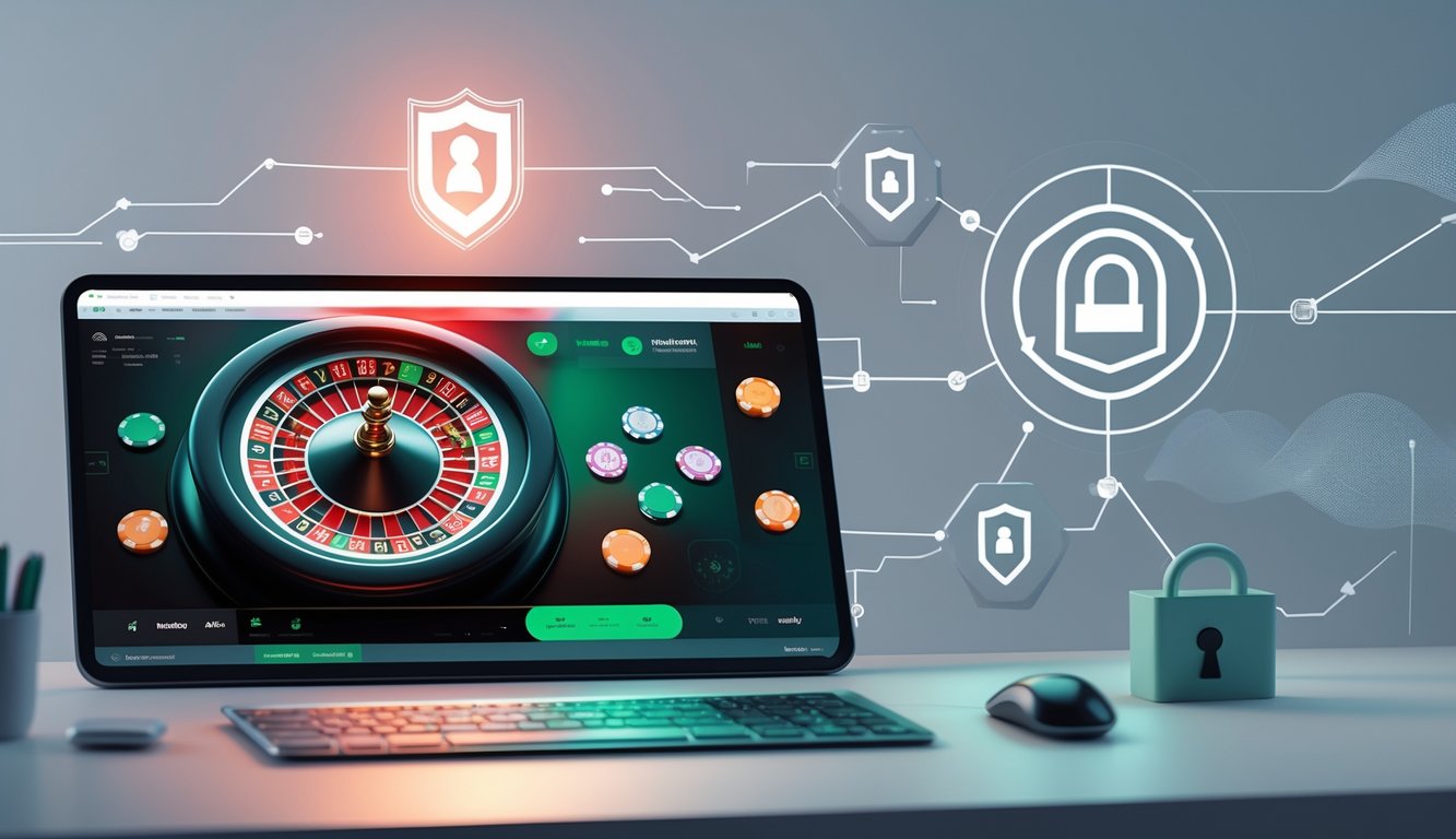Layar komputer menampilkan permainan roulette online dengan simbol keamanan digital di sekitarnya.