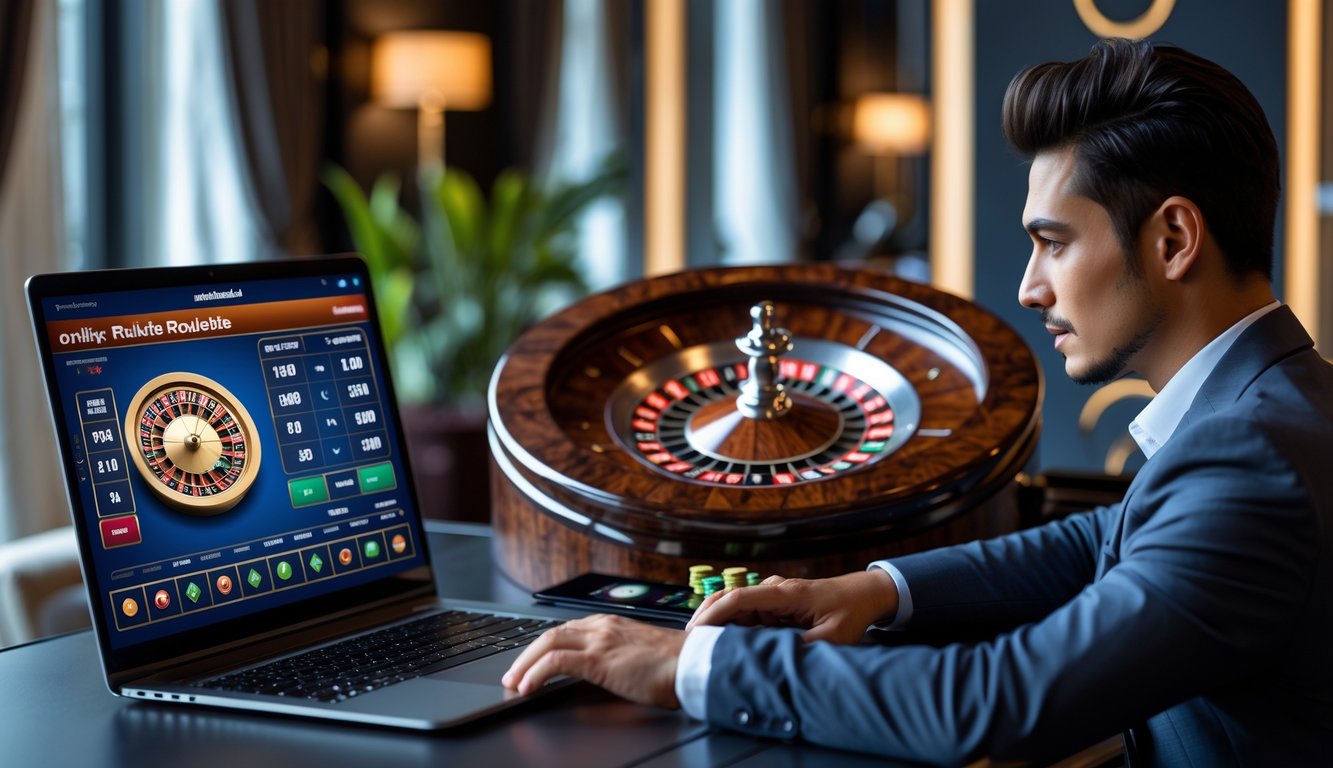 Seorang pemain profesional duduk di depan komputer dengan tampilan roda roulette online, di ruangan yang rapi dan terang.