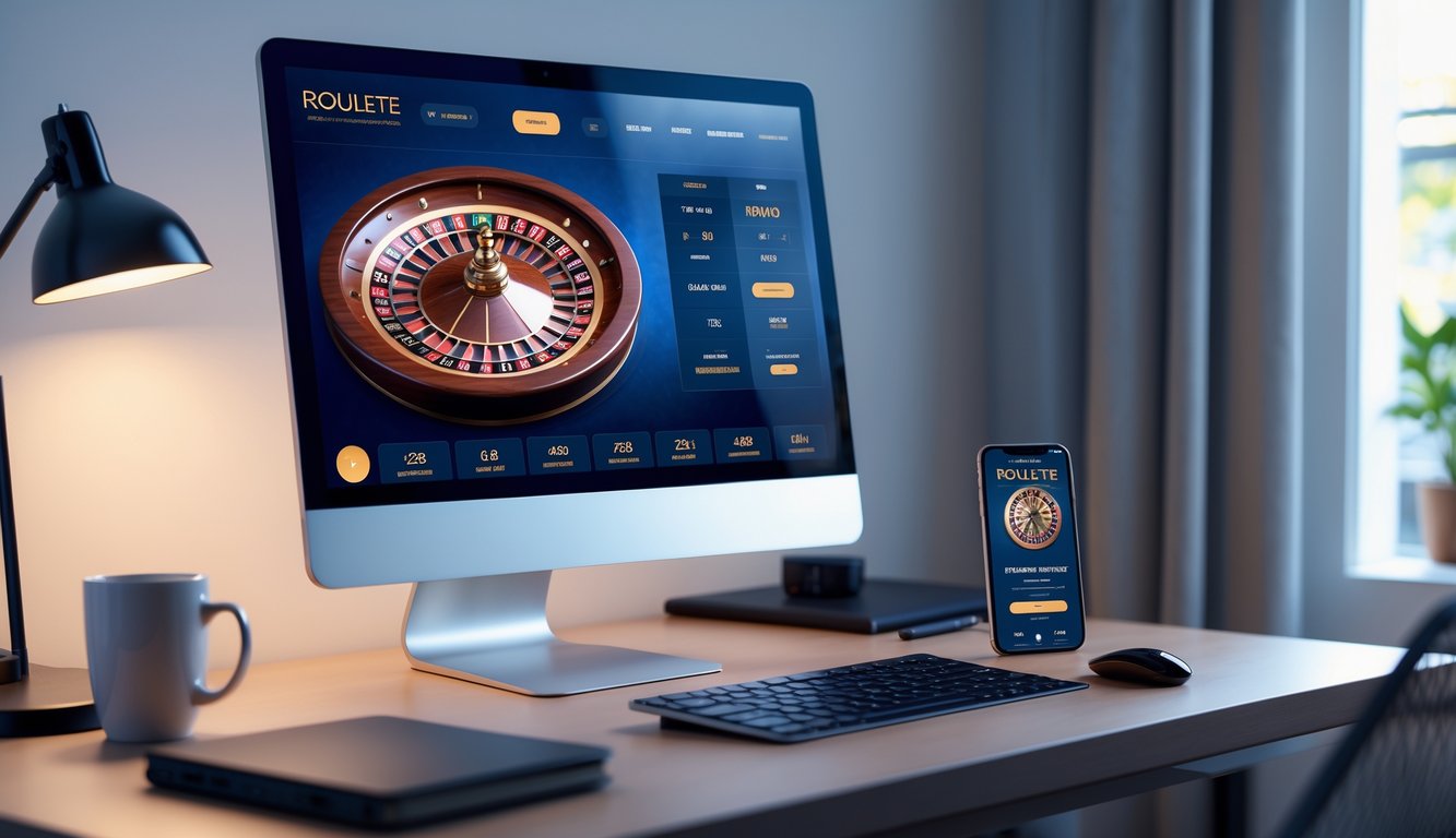 Sebuah meja kerja modern dengan layar komputer menampilkan roda roulette digital yang berwarna cerah, dikelilingi oleh suasana yang tenang dan profesional.