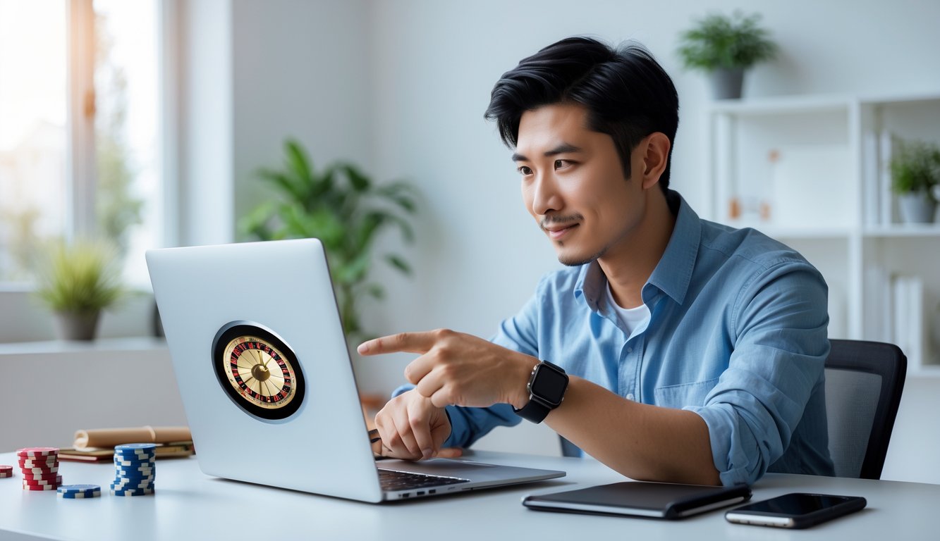 Seorang pria muda sedang duduk di meja dengan laptop yang menampilkan roda roulette, di ruang kerja rumah yang rapi dan terang.