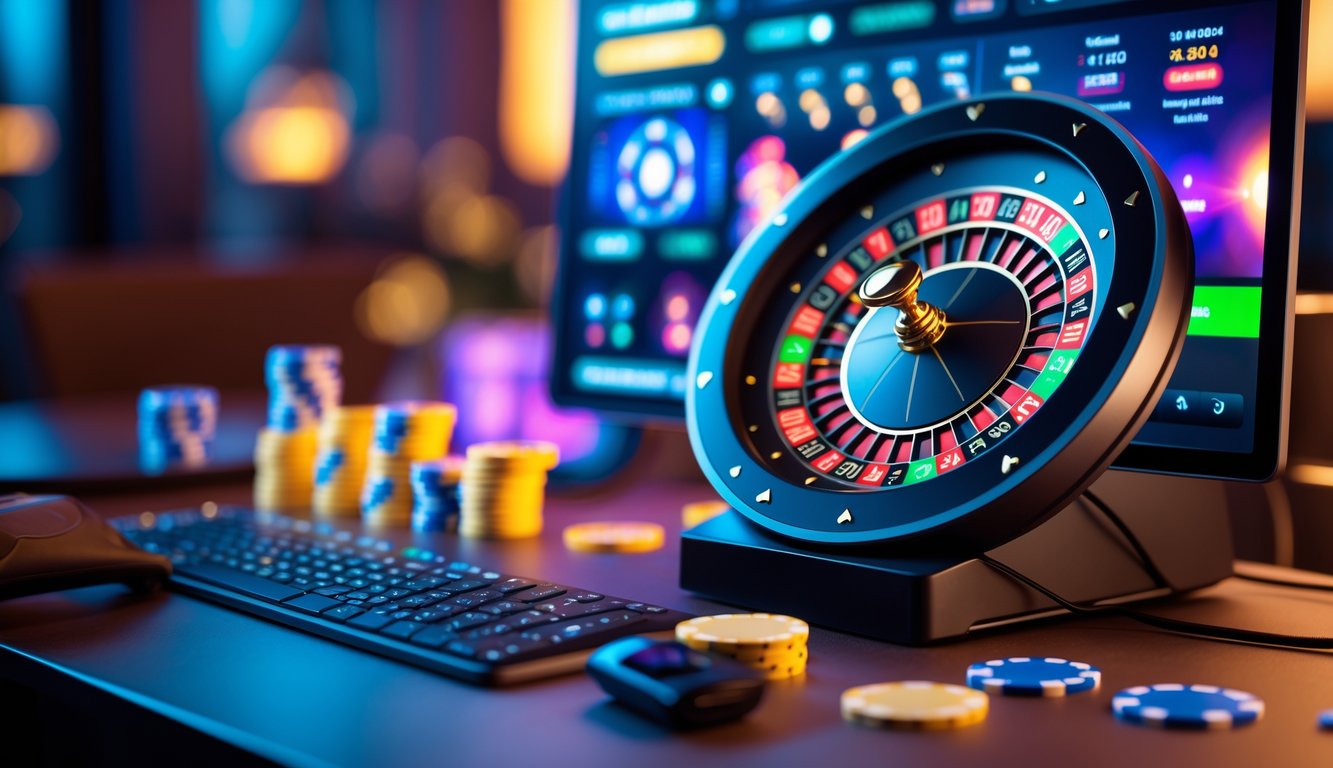 Sebuah meja kerja modern dengan layar komputer menampilkan roda roulette digital yang sedang berputar, dikelilingi oleh chip kasino dan suasana yang nyaman.