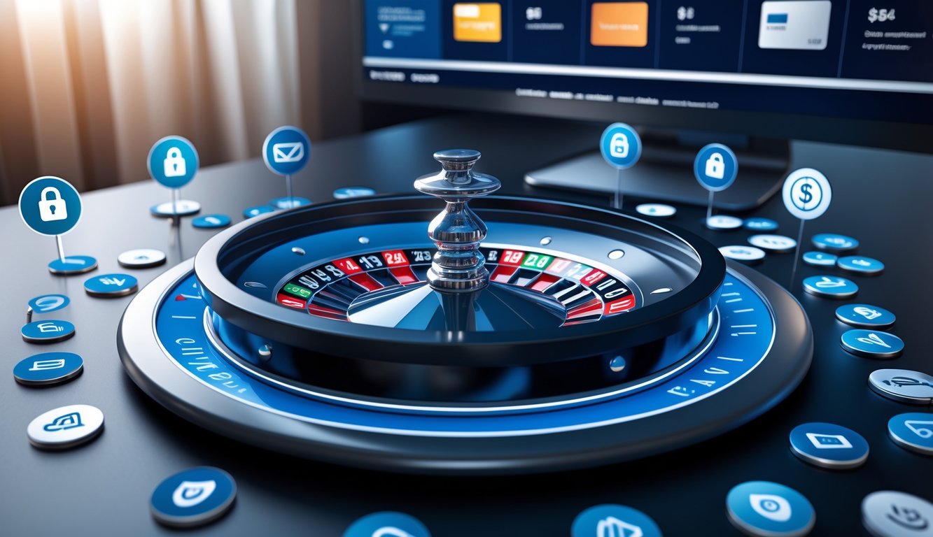 Antarmuka digital dengan roda roulette virtual dan ikon berbagai metode pembayaran yang berbeda.