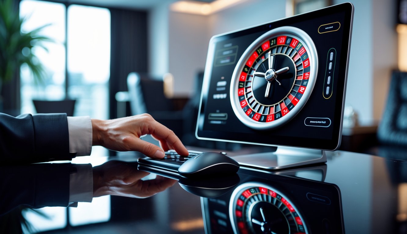 Sebuah meja dengan layar komputer menampilkan permainan roulette online dan tangan seseorang siap memasang taruhan.