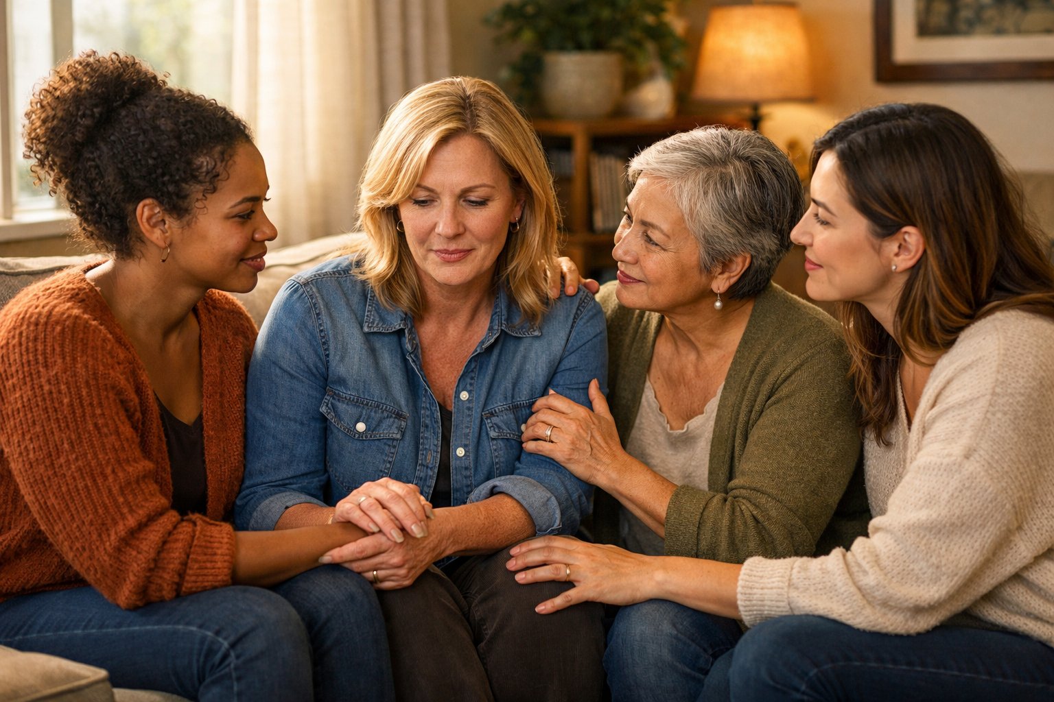 A group of women sitting closely on a couch, supporting and comforting each other with warm expressions.