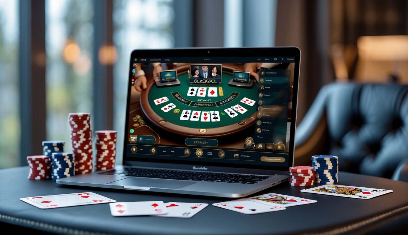 Sebuah meja kerja dengan komputer yang menampilkan permainan blackjack online, dikelilingi oleh tumpukan chip poker dan kartu remi.
