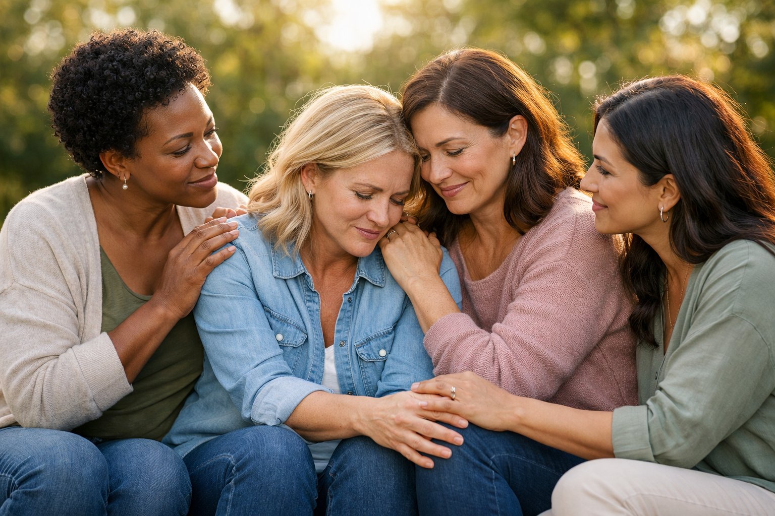 A group of women sitting together outdoors, supporting and comforting each other with warm expressions.