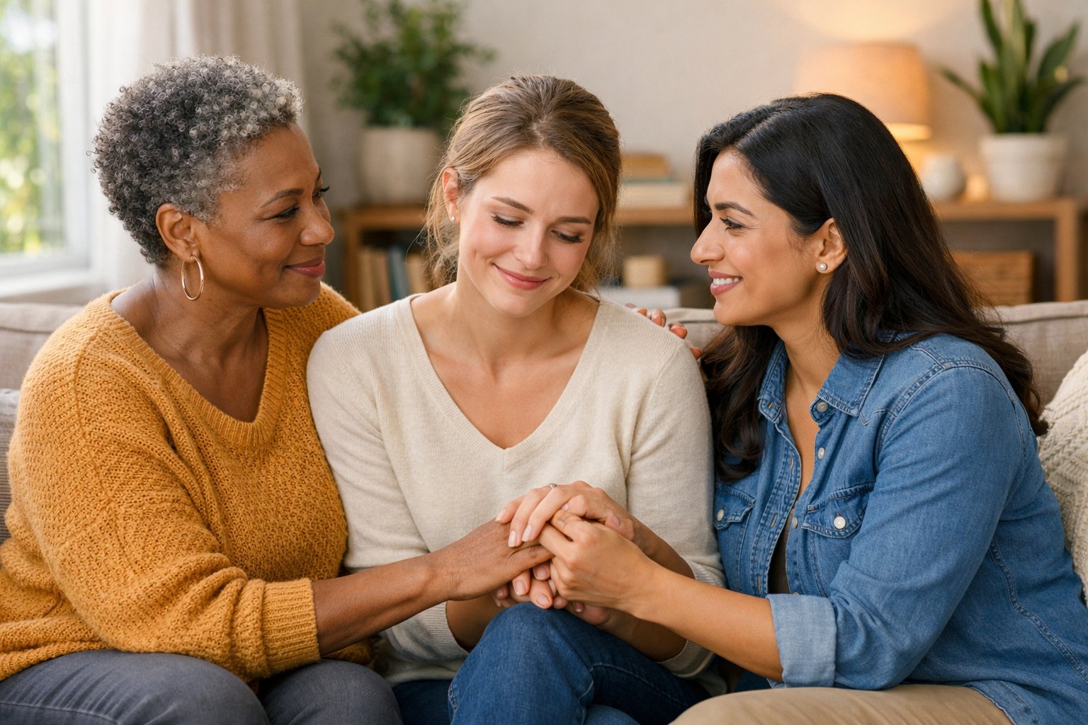 Three women sitting closely on a sofa, sharing a warm and supportive moment together.