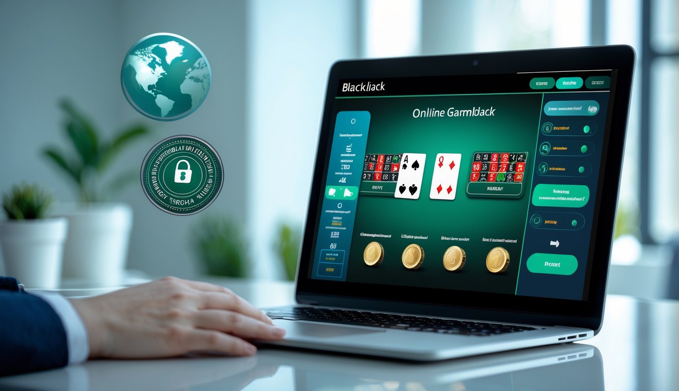 Seorang pengguna sedang bermain blackjack online di laptop dengan suasana ruang kerja yang rapi dan elemen simbol keamanan dan lisensi internasional di latar belakang.
